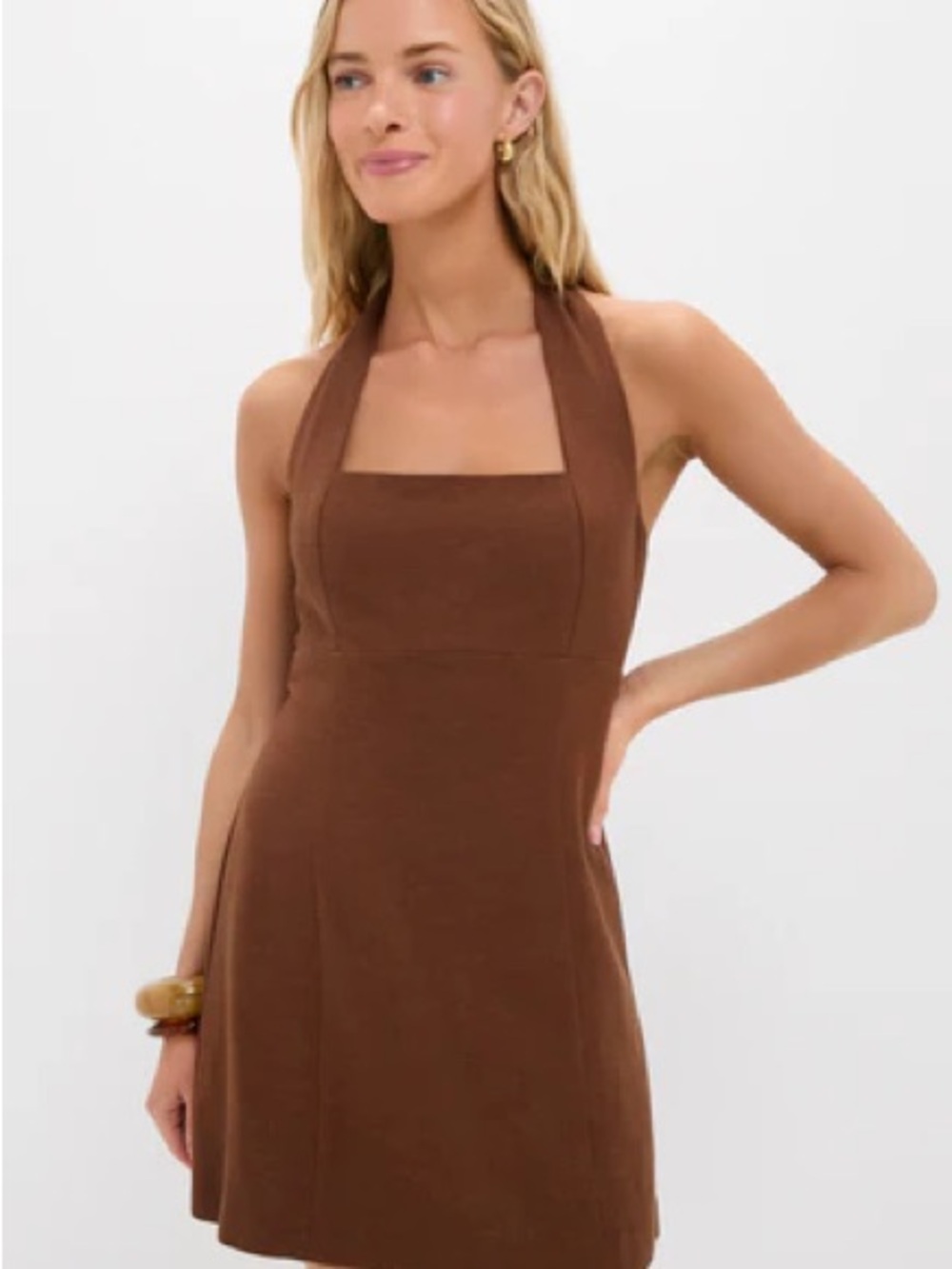 Halter Square-Neck Mini Dress in Brown